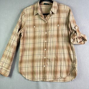 LRL Shirt Womens Large Plaid Khaki Tan Top Roll Tab Sleeves Cotton Pockets